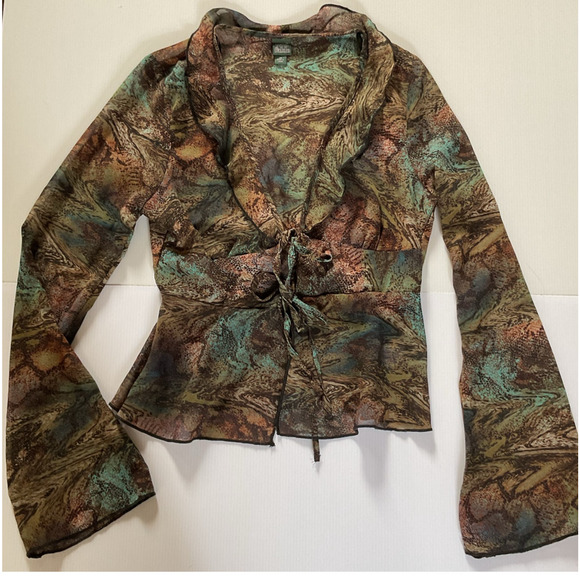 Wild Fable Boho Sheer Mesh Tie-Front Long Sleeve Blouse XS - Picture 3 of 5